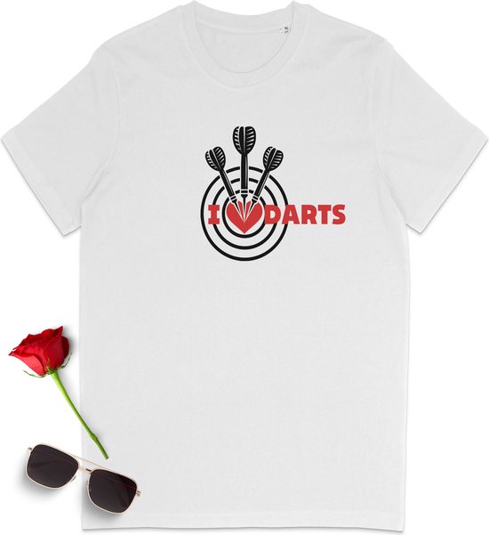 Dart t-shirt - I love darts tshirt - T shirt voor darters - Vrouwen Mannen t-shirt - Heren Dames tshirt met print opdruk - Unisex maten: S M L XL XXL XXXL - t Shirt kleur: Wit.