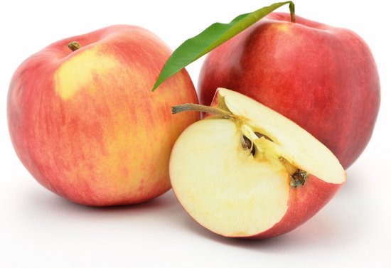 Twee rode en gele Jonagold appels, één doorgesneden.
