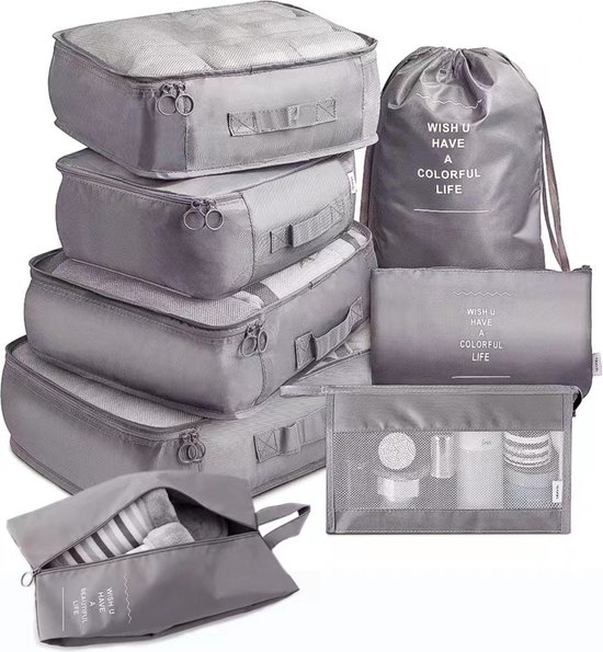 Packing Cubes Set 8-Delig – Kleding organizer voor koffers, tassen en backpack - grijs-CB000103