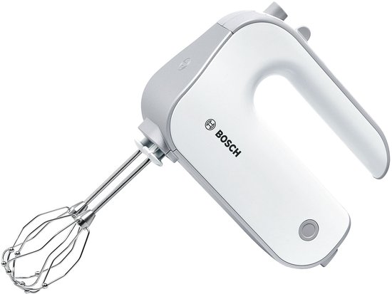 Witte Bosch handmixer met RVS gardes en ergonomisch handvat.