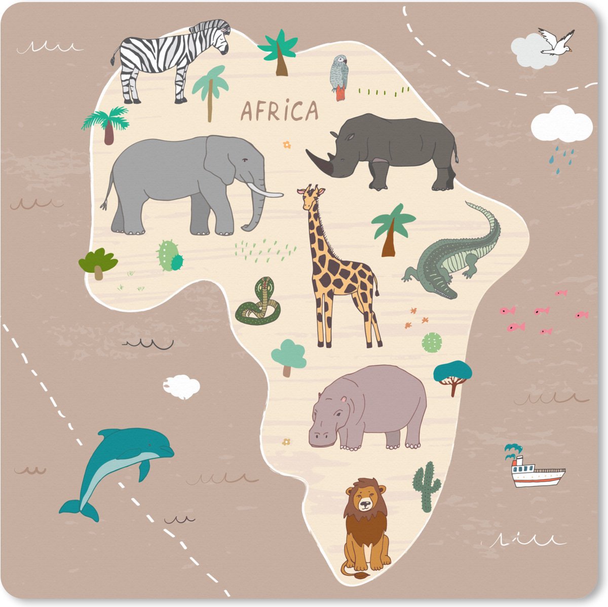 Muismat XXL 60x60 cm - Bureau onderlegger - Bureau mat Dieren - Wereldkaart - Kinderen - Afrika - Kids - Jongens - Meisjes - Bureaumat - Gaming mousepad xl - Bureaulegger groot - Computer deskmat