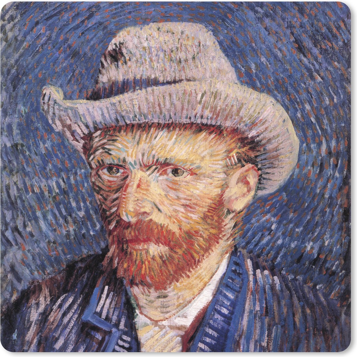 Muismat XXL 50x50 cm - Bureau onderlegger - Bureau mat Zelfportret met grijze vilthoed - Vincent van Gogh - Bureaumat - Gaming mousepad xl - Bureaulegger groot - Computer deskmat