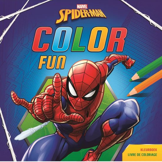 Spider-Man in actie, klaar om te kleuren. "COLOR FUN" staat er op het boek.