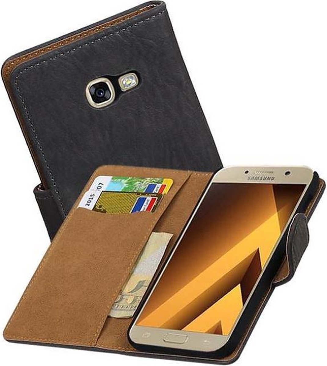 Hout Bookstyle Hoes Geschikt voor de Samsung Galaxy A3 2017 A320F Grijs