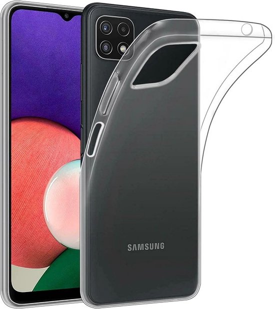 Transparant siliconen hoesje dat om een Samsung Galaxy A22 5G wordt geschoven.