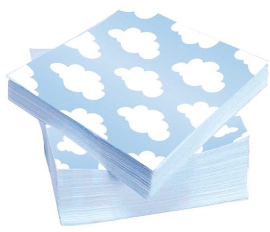Lichtblauwe servetten met een patroon van witte wolken, 20 stuks.