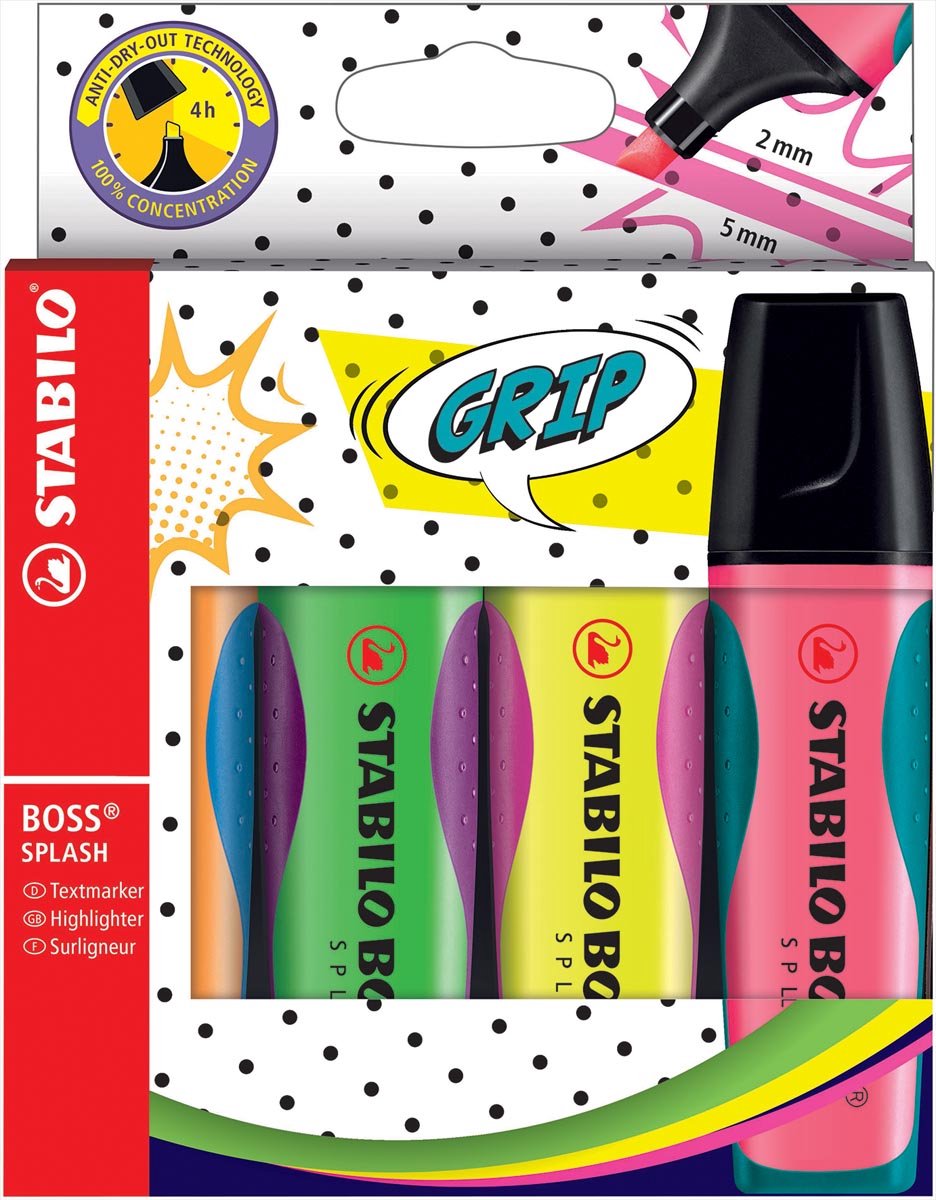 Markeerstift stabilo boss splash 75/4 ass - 5 stuks