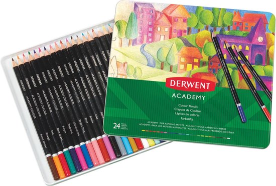 Boîte en métal ouverte de crayons de couleur Derwent Academy, avec des crayons en rangée et sur le couvercle.
