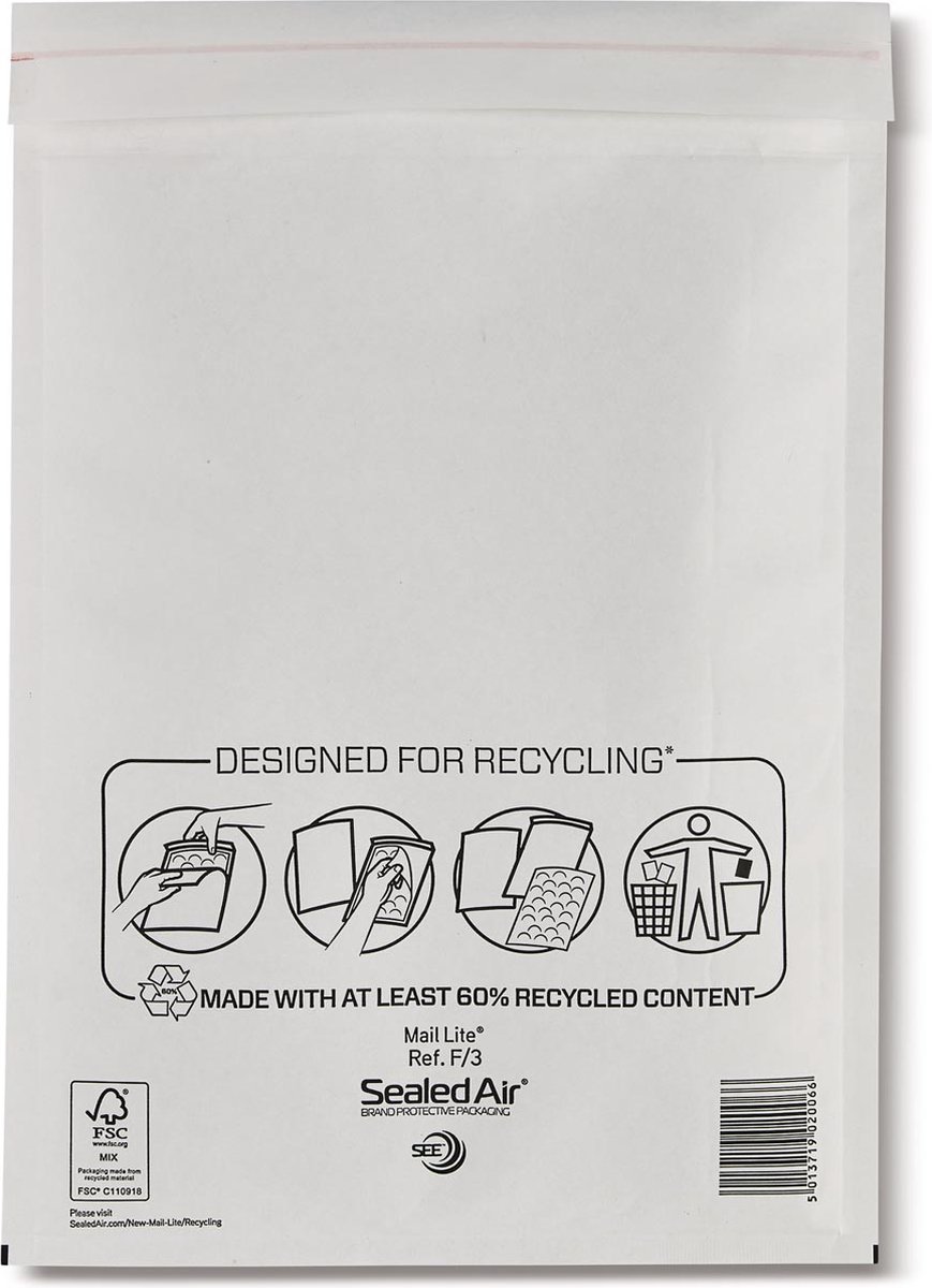 Mail Lite® Luchtkussenenvelop nr. 16, 330 x 220 mm, Kraftpapier, Wit (doos 50 stuks)