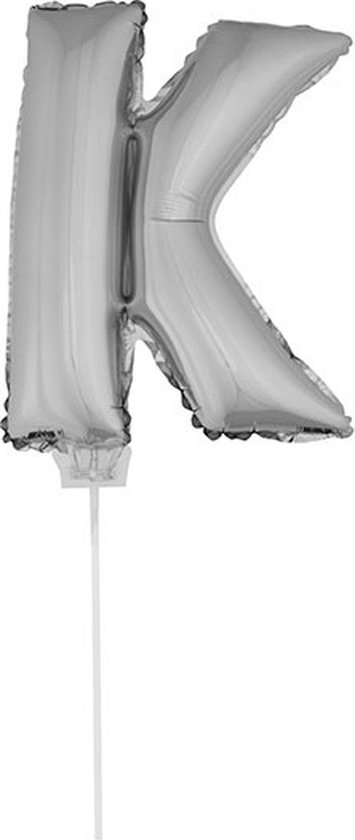 Zilveren opblaas letter ballon K op stokje 41 cm