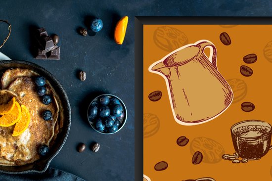 Close-up van een oranje kookplaatbeschermer met illustraties van koffiekannen.