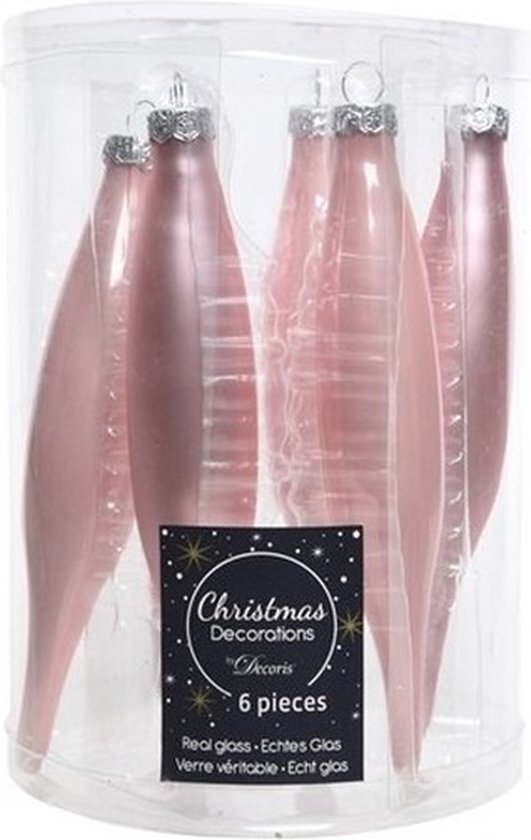 Doos met 6 lichtroze, glanzende en matte kerstboomhangers in de vorm van een puntige pegel van 15 cm.