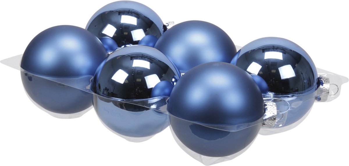 6x stuks kerstversiering kerstballen blauw (basic) van glas - 8 cm - mat/glans - Kerstboomversiering