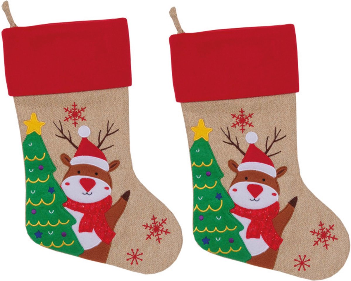 Set van 2x stuks kerstsok beige/rood met rendier print 46 cm - Kerstversiering/kerstdecoratie kerstsokken