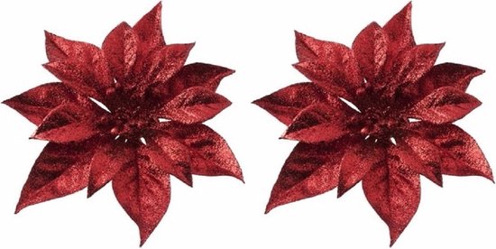 6x Kerstboomversiering bloem op clip rode kerstster 18 cm - kerstfiguren - rode kerstversieringen