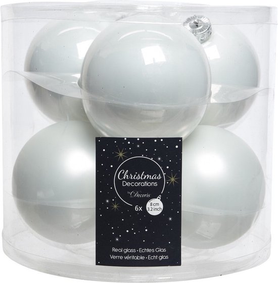 Groot paquet de boules de Noël en verre blanc d'hiver brillant/mat 50x pièces - 4-6-8 cm incl pic mat 26 cm
