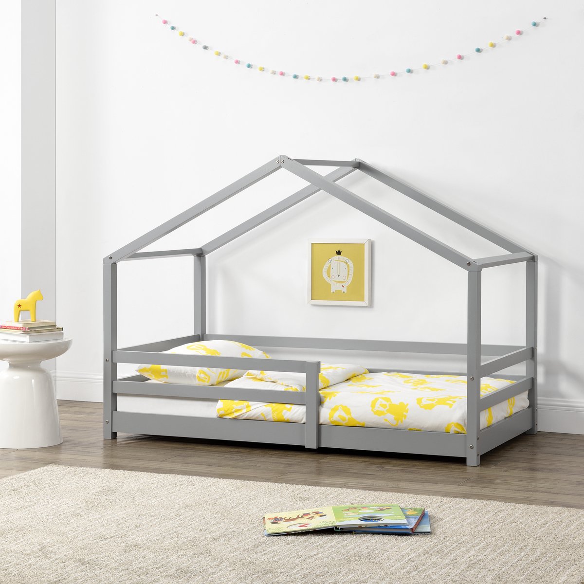 en.casa Kinderbed huisbed met uitvalbeveiliging 70x140 lichtgrijs