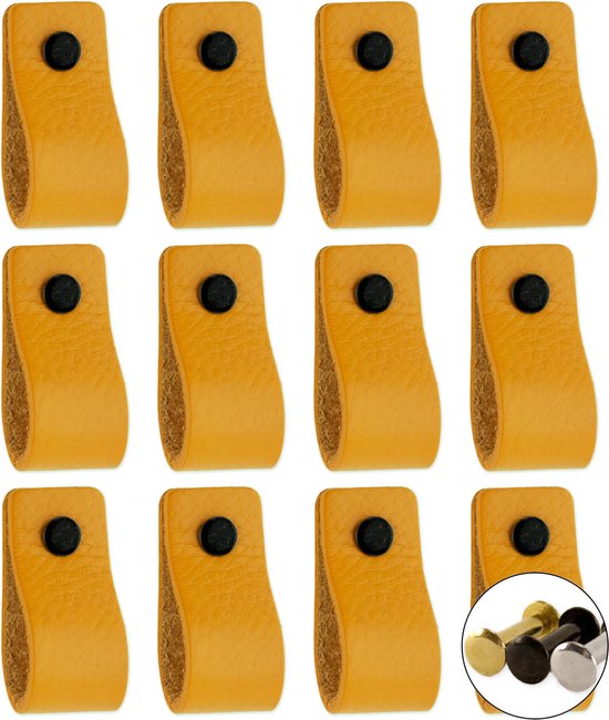 Anses en cuir - Ocre jaune - 12 pièces - 12,5 x 2,5 cm | avec 3 vis de couleur par poignée en cuir