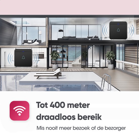 AVANTEK Draadloze deurbel met 2 ontvangers - Zwart - Bereik 400 meter - Waterdicht - Zonder batterijen - 52 melodieën