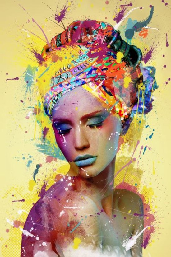 Glasschilderij moderne vrouw - met kleurrijke hoofddoek - modern - 120x80 - "verfspetters" - geel - blauwe lippen - gele achtergrond