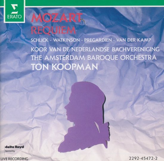 Albumhoes 'Mozart Requiem' met paarse profielkop en tekst in wit en rood.