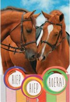 Hiep, hiep, hoera! Een kleurrijke kaart met twee mooie paarden achter gekleurd hout! Een leuke kaart om zo te geven of om bij een cadeau te voegen. Een dubbele wenskaart inclusief envelop en in folie verpakt.