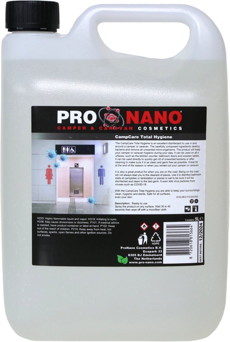 ProNano | CampCare Camper- & Caravan reinigers | Total Hygiene 5L | Nano Technologie | Uitstekend desinfectiemiddel in en rond de camper of caravan. De zorgvuldig samengestelde ingrediënten vernietigen bacteriën en verwijderen alle micro-organisme