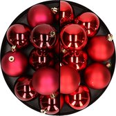 24x stuks kunststof kerstballen mix van donkerrood en rood 6 cm - Kerstversiering
