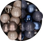 24x stuks kunststof kerstballen mix van champagne en donkerblauw 6 cm - Kerstversiering