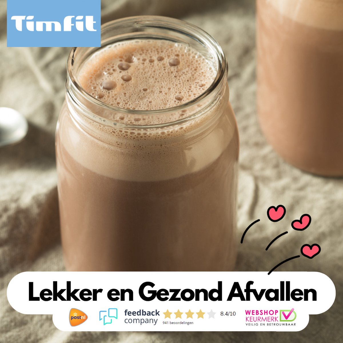 Afvallen met TimFit | 3 Vezelsoorten, L-Carnitine, 26 gram Proteïne, Groene Thee, Chroom, 23 Vitamine-Mineralen| Afvallen, Blijf op gewicht en Ondersteun je huid | Handige On The Go verpakking | Uitgebalanceerde Maaltijdshake Afvallen
