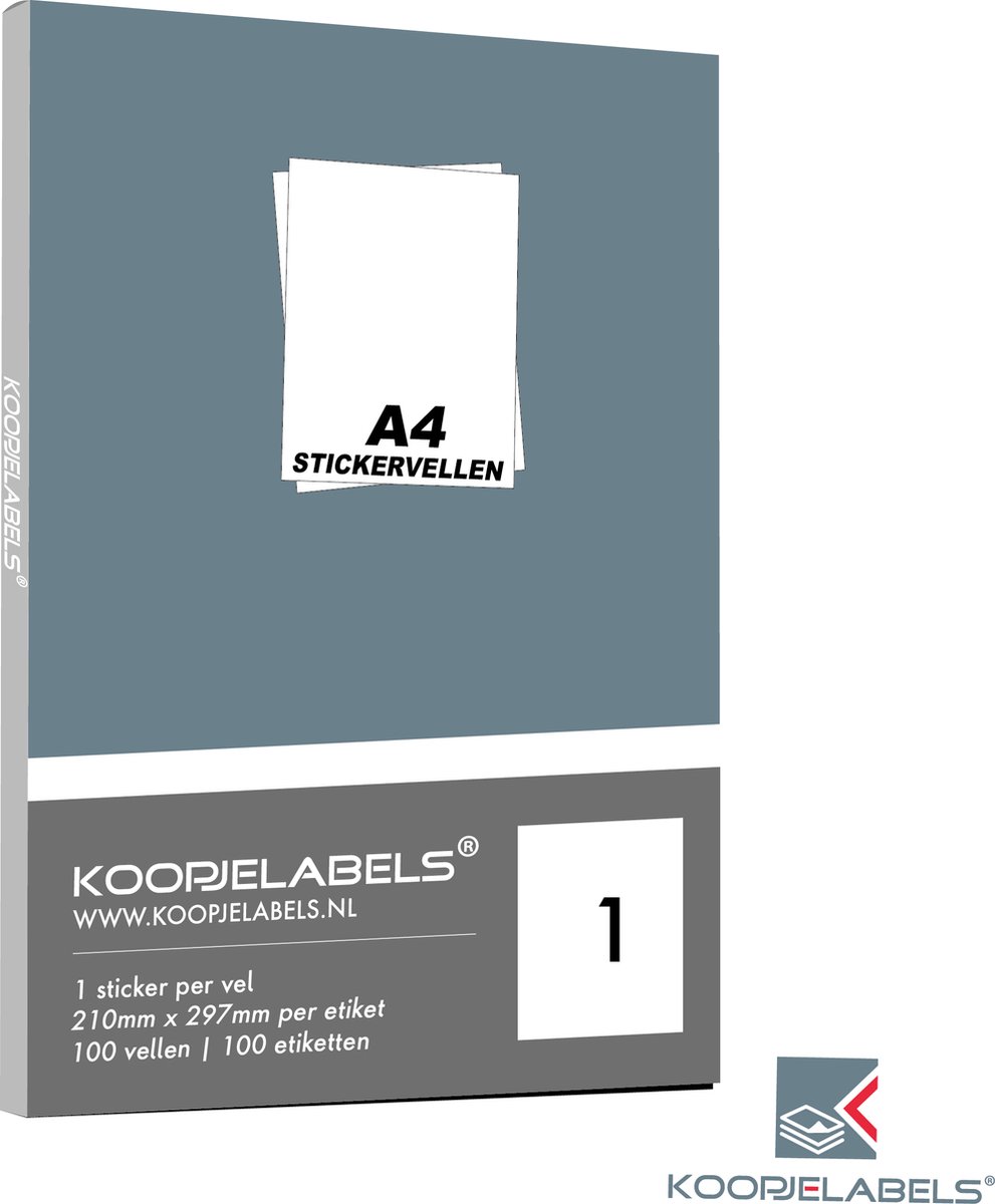 A4 stickervellen 1 sticker per vel - 100 vellen - Magazijn etiketten - Verzendlabels (210mm x 297mm per etiket) Koopjelabels®