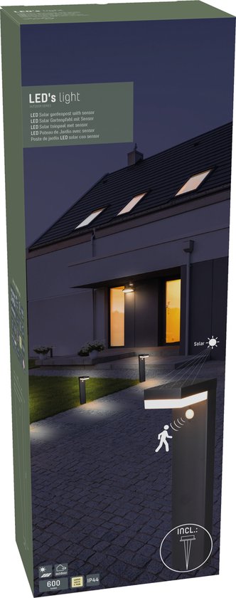 Verpakking van zwarte solar tuinverlichting met bewegingssensor, IP44 en 600 lumen.