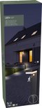Verpakking van zwarte solar tuinverlichting met bewegingssensor, IP44 en 600 lumen.