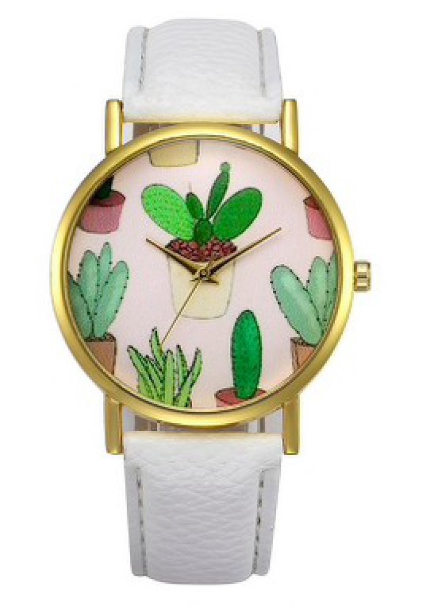 Hidzo Horloge Cactus Ø 37 mm - Wit - Kunstleer