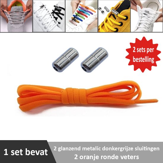 2 paires de lacets élastiques ronds orange avec des fermetures gris foncé métalliques brillantes. Vous n'aurez plus jamais à attacher vos lacets