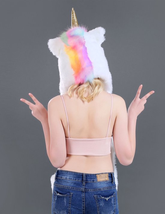 KIMU capuche licorne blanche bonnet écharpe mitaines oreilles -  rose-bleu-vert-jaune -... | bol.com