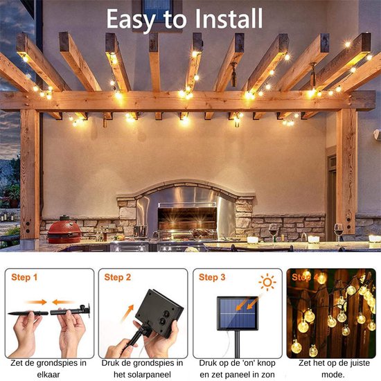 Lichtslingers op zonne-energie, waterdicht, 50 leds, kristallen bolletjes, 8 modi, decoratieve buitenverlichting op zonne-energie voor boom, terras, tuin, bruiloft, feest, binnen/buiten (warm wit