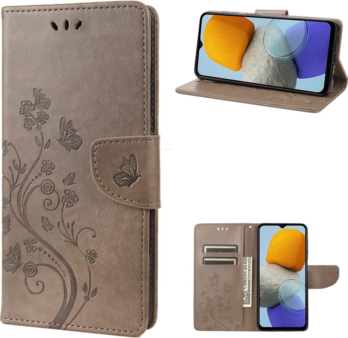 Mobigear Telefoonhoesje geschikt voor Samsung Galaxy M23 Hoesje | Mobigear Flowers Bookcase Portemonnee | Pasjeshouder voor 2 Pasjes | Telefoonhoesje voor Pinpas / OV Kaart / Rijbewijs - Grijs