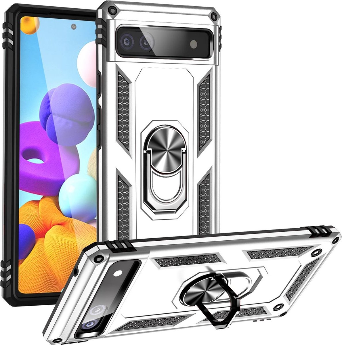 Mobigear Hoesje geschikt voor Google Pixel 6a Telefoonhoesje Hardcase | Mobigear Armor Ring Backcover Shockproof met Ringhouder | Schokbestendig Pixel 6a Telefoonhoesje | Anti Shock Proof - Zilver