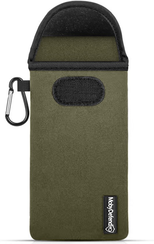 Coque pour Oppo A74 5G - Pochette en néoprène MobyDefend avec mousqueton - Étui à insérer - Boucle de ceinture - Vert - Coque pour téléphone portable - Coque adaptée à : Oppo A74 5G