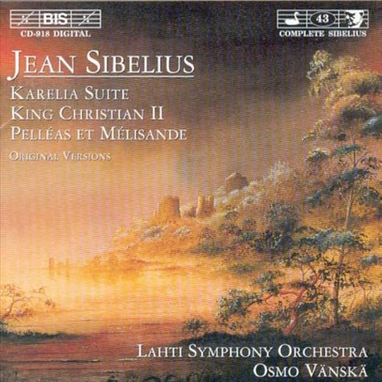Albumhoes met een schilderij van een mistig landschap met ruïnes en bomen. De tekst 'Jean Sibelius' staat bovenaan.