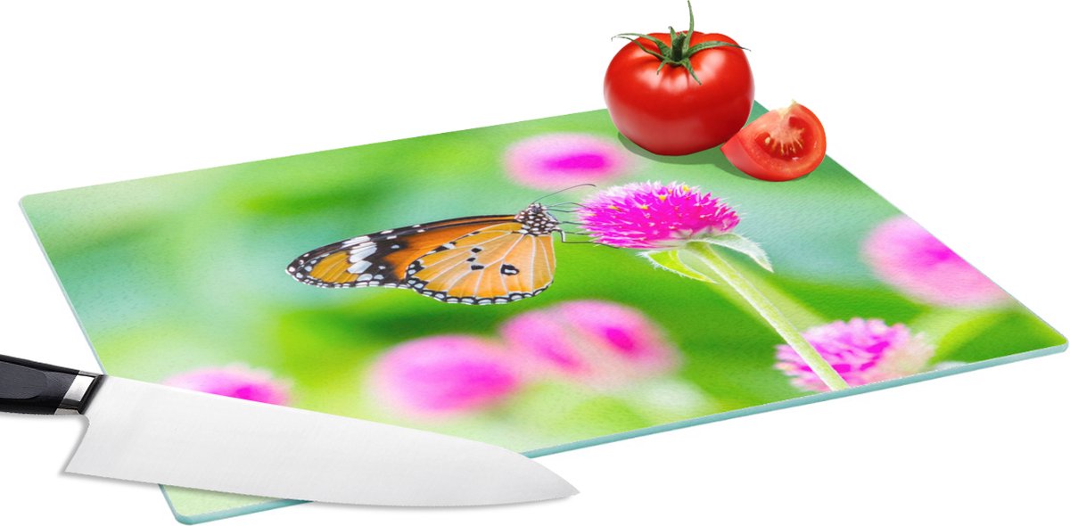 Glazen Snijplank - 39x28 - Landelijk - Vlinder - Distel - Bloem - Snijplanken Glas