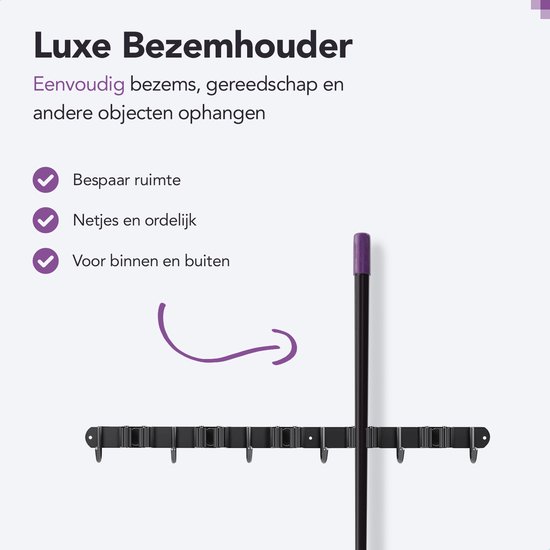 Zwart luxe bezem ophangsysteem met 7 houders en ophanghaken voor bezems en gereedschap.