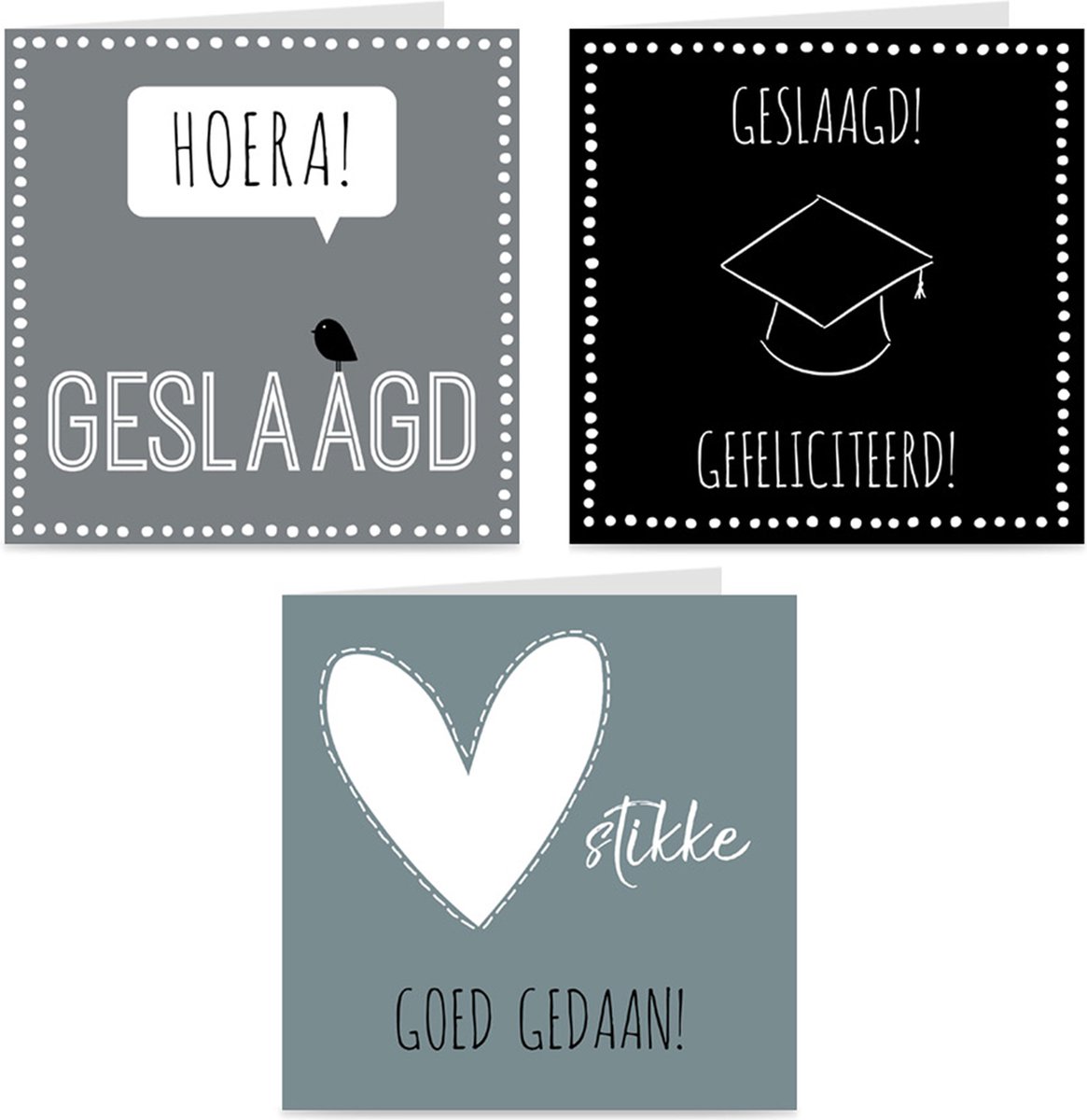 3x GESLAAGD kaarten / set wenskaarten met enveloppen