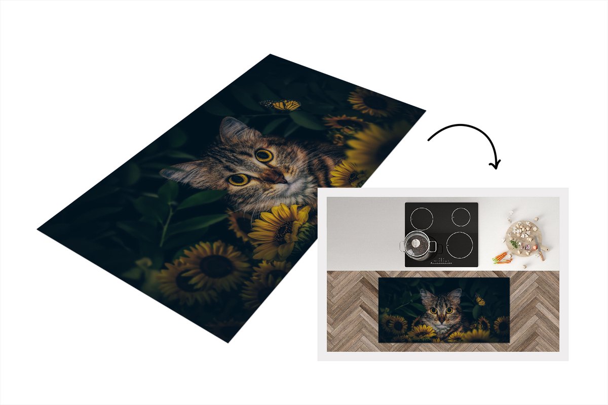 KitchenYeah Keukenloper - Loper keuken - Kat - Geel - Bloemen - Botanisch - 120x60 cm - Keukenloper vinyl Multicolor
