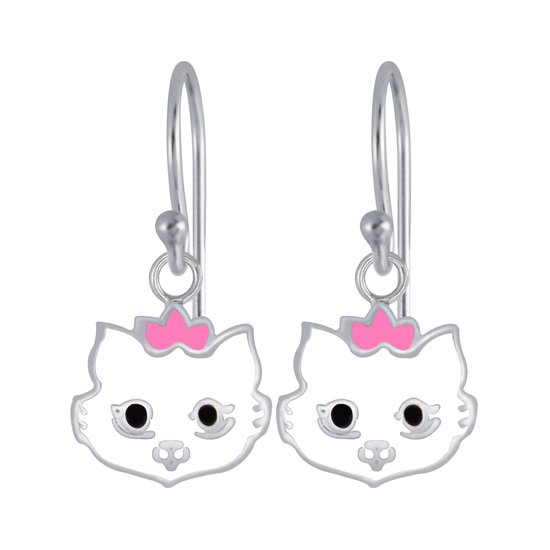 Joy|S - Zilveren kat poes oorbellen - wit met roze - oorhangers