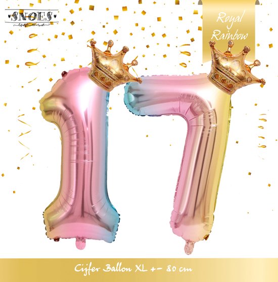Cijfer Ballon nummer 17 - Prins - Prinses - Royal Rainbow - Ballon - Regenboog Unicorn Kleuren - Prinsessen Verjaardag - Hoera 17 Jaar