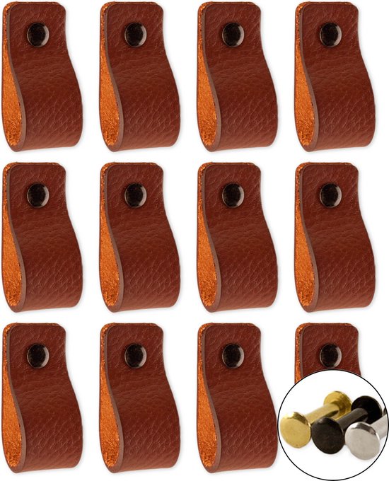 Leren handgrepen - Cognac - 12 stuks - 12,5 x 2,5 cm - incl. 3 kleuren schroeven - handgrepen kast leer - meubelgrepen - handvaten kast - leren lus