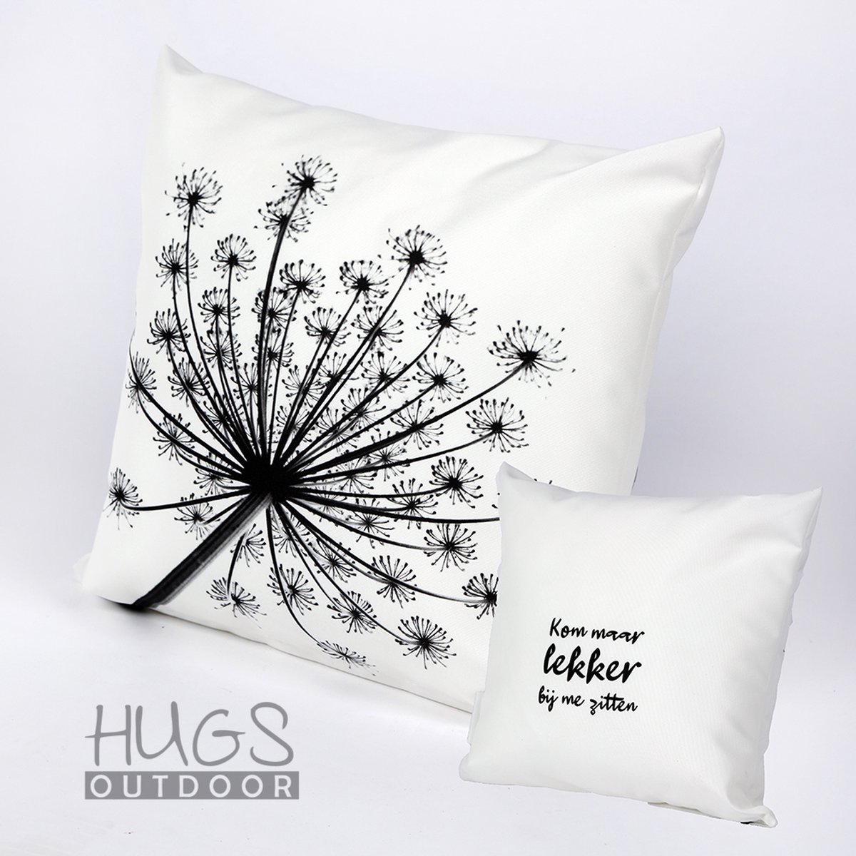 HUGS buitenkussen | 50x50 | berenklauw | wit | outdoor kussen | tuinkussen met tekst | terras aankleding | waterafstotend |