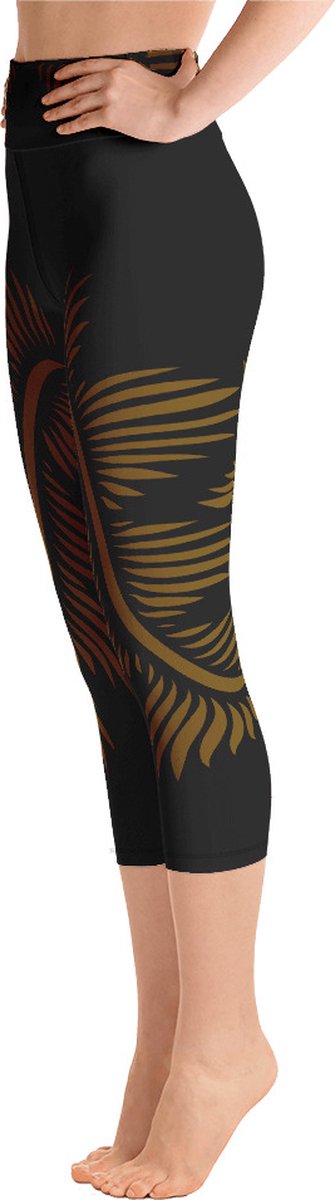 Sportlegging - Capri 3/4 - design - Lines 4 Peace - High Waist - Dry Fit - High Performance - 4way stretch - unieke print - UPF 50+ - Hardloop - Yoga - Fitness - Dans - Pilates - Training - sportbroek - zwart hazelnoot bruin - dames - maat L